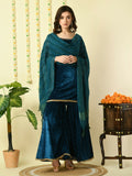 Myshka Women's Teal Velvet Kurti & Sharara With Dupatta Party Sets