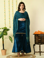 Myshka Women's Teal Velvet Kurti & Sharara With Dupatta Party Sets
