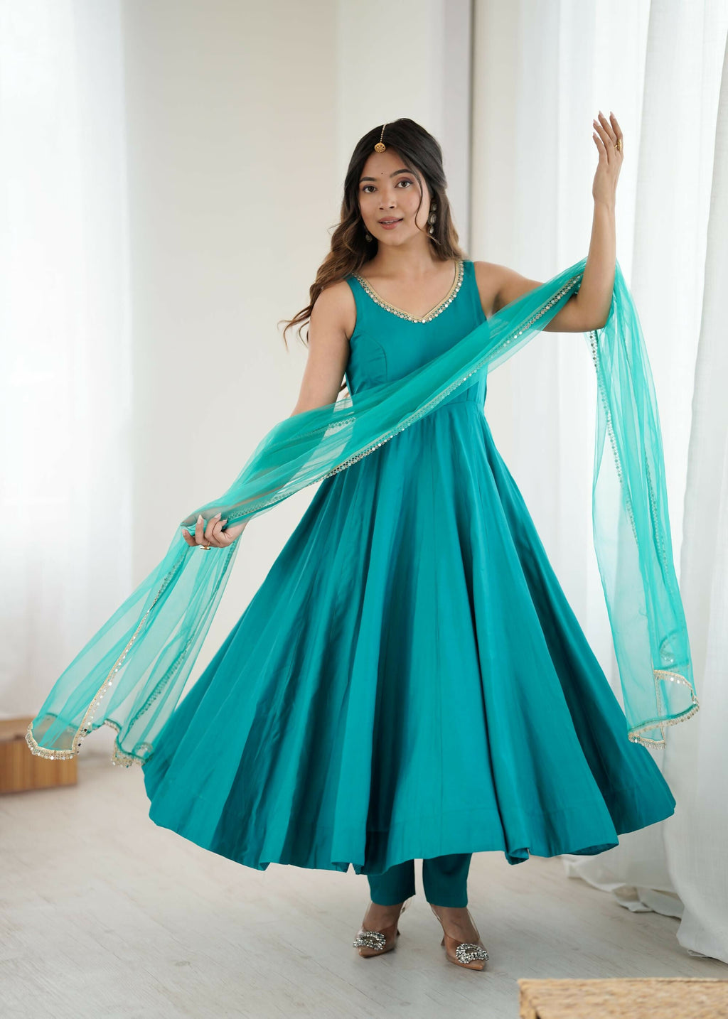 The52 Women's Beautiful Roman Silk Chanderi Fabric Flared Anarkali Pant and Dupatta Set - Distacart