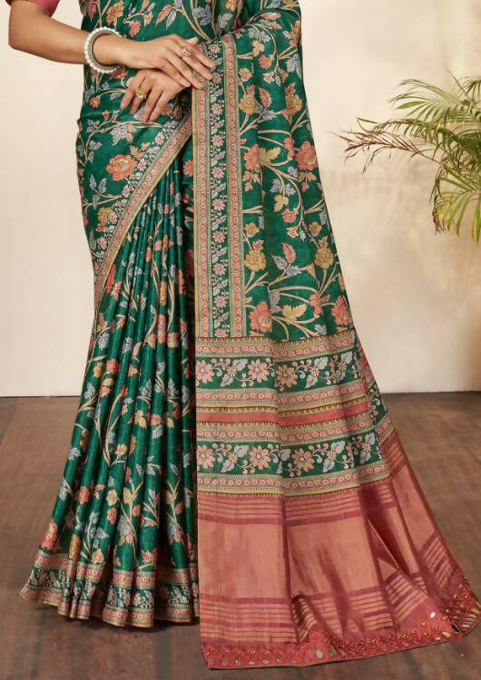 Green Gajji Silk Floral Print with Hand Mirror work Border Saree - Norita Nirvi