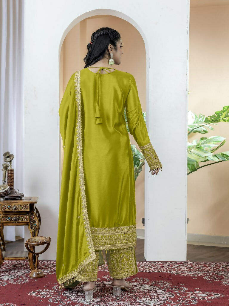Teeya Creation Pista Green Color Chinnon Silk Embroidery Work Fully Stitched Salwar Suit - Distacart