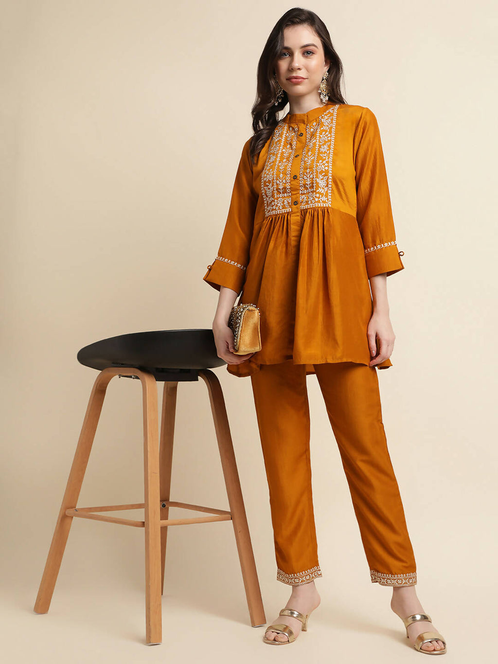 Mustard Chinon Floral Embroidered Top with Bottom - Maanushi
