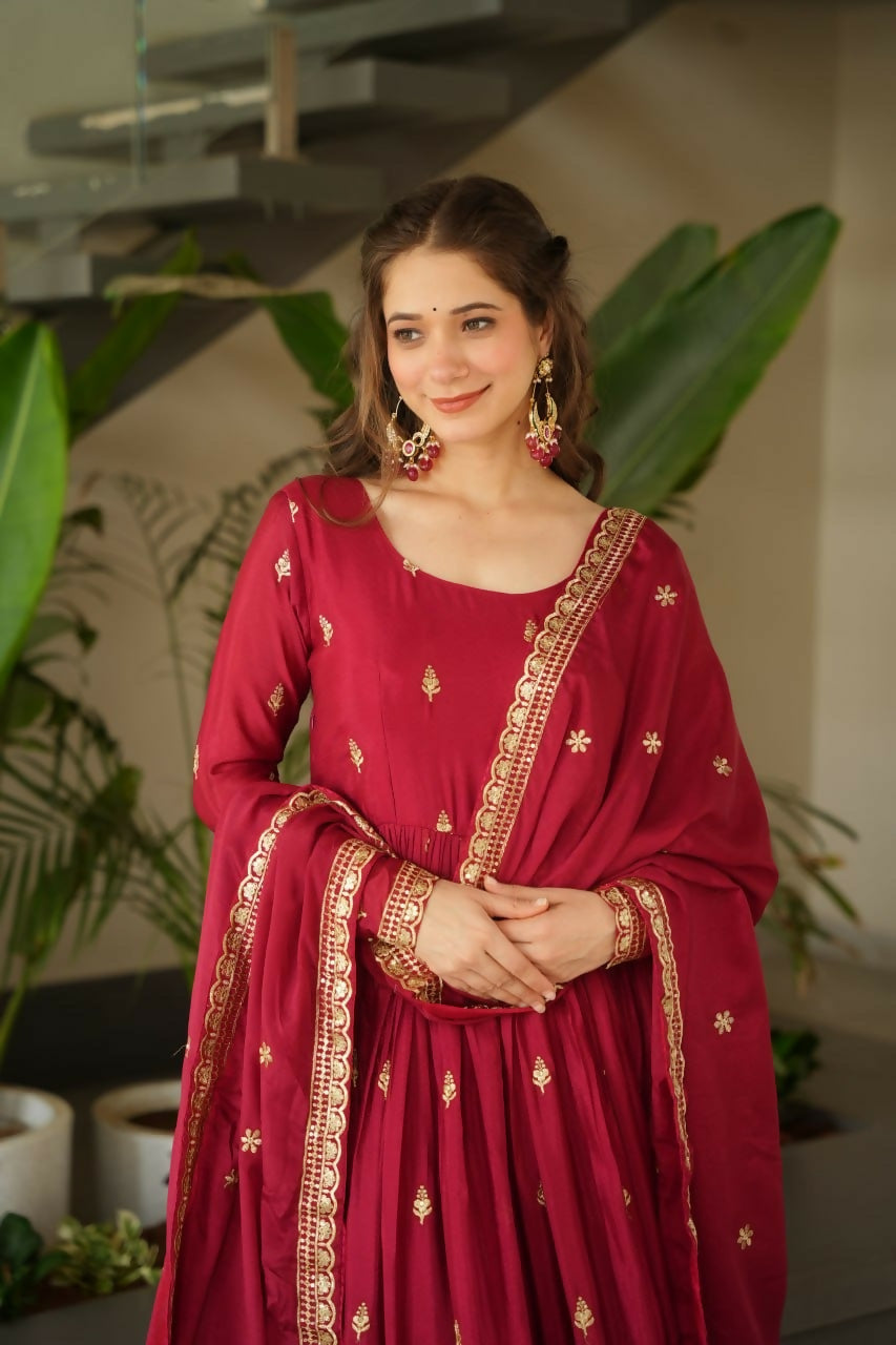 Teeya Creation Maroon Color Chinon Silk Party Wear Long Gown - Distacart