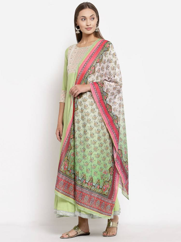 Myshka Women's Green Royan Printed 3/4 Sleeve Round Neck Casual Anarkali Kurta Dupatta Set