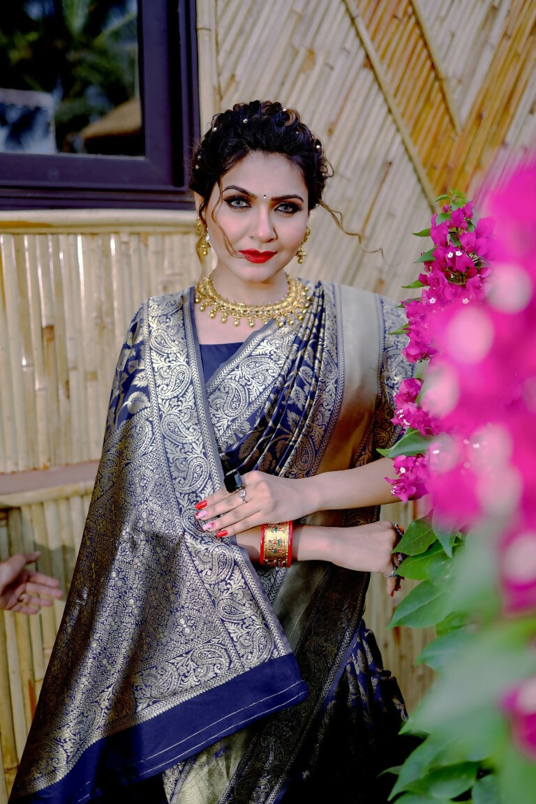 Partywear Designer Blue Banarasi Silk Fancy Saree - Starwalk