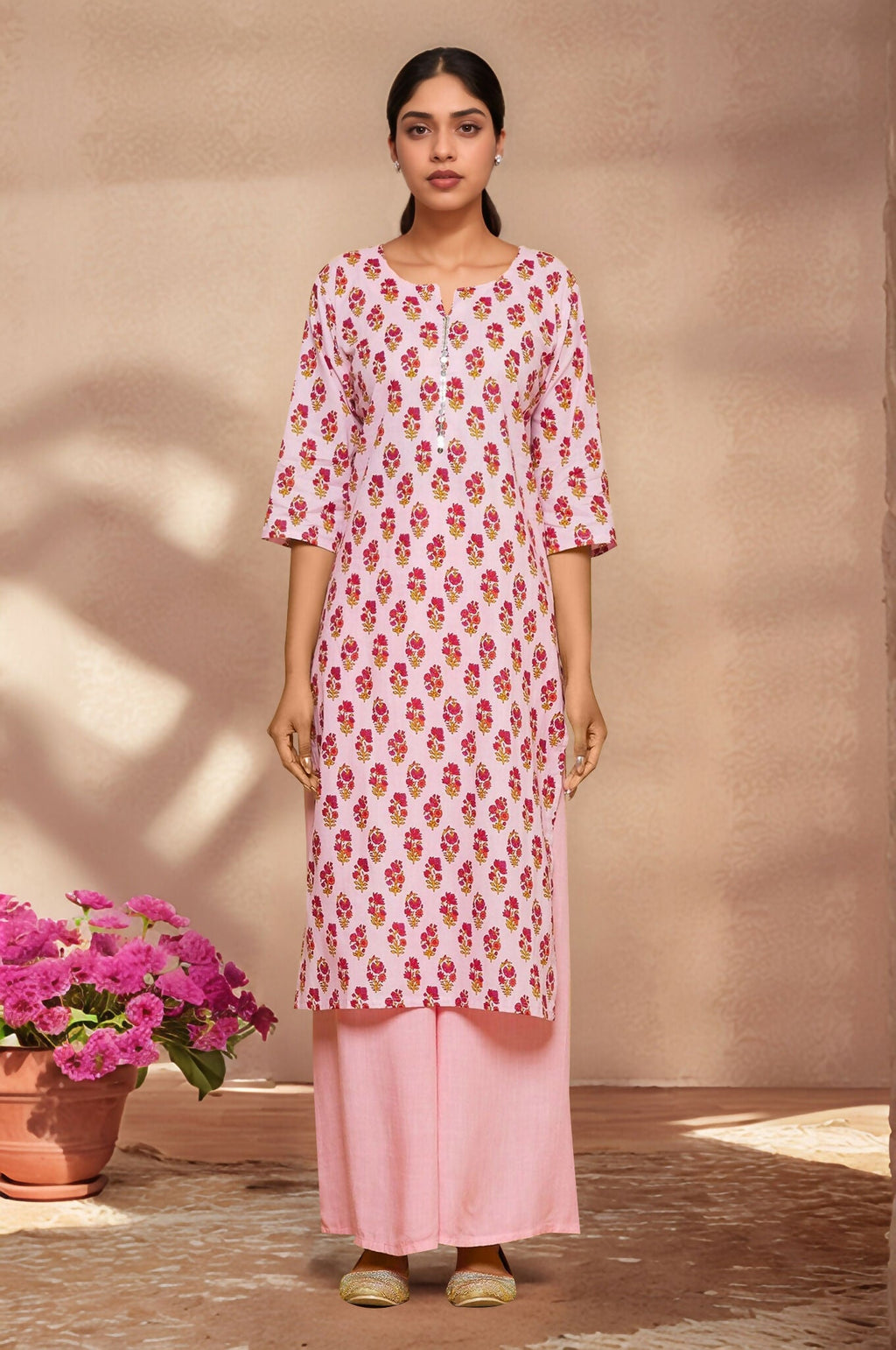 Joban Fashion Pink Flower Printed Cotton Kurti With Siqunce In Neck