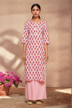 Joban Fashion Pink Flower Printed Cotton Kurti With Siqunce In Neck