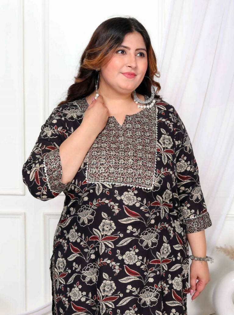 Miravan Women's Plus Size Multi Colour Floral Printed Zari Embroidery Yoke Design Kurta with Palazzo