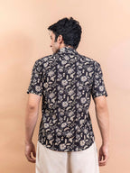 Miravan Men's Floral Printed Half Sleeve Spread Collar Ethnic Motifs Black Slim Fit Shirt