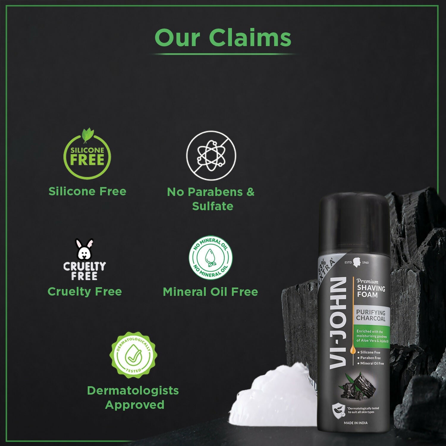 VI-JOHN Dermatologically Tested Premium Purifying Charcoal Shaving Foam Enriched with Aloevera & Jojoba Oil Free From Silicone, Paraben & Mineral Oil - Distacart