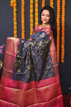 Jyoti Fashion Women's Navy Blue Kanjivaram Silk Zari Woven Saree with Blouse
