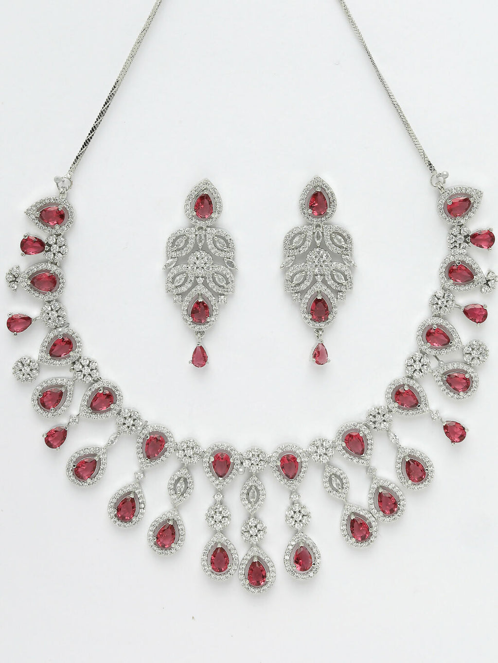 NVR Women's silver plated Maroon CZ stone handcrafted jewellery set