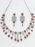 NVR Women's silver plated Maroon CZ stone handcrafted jewellery set