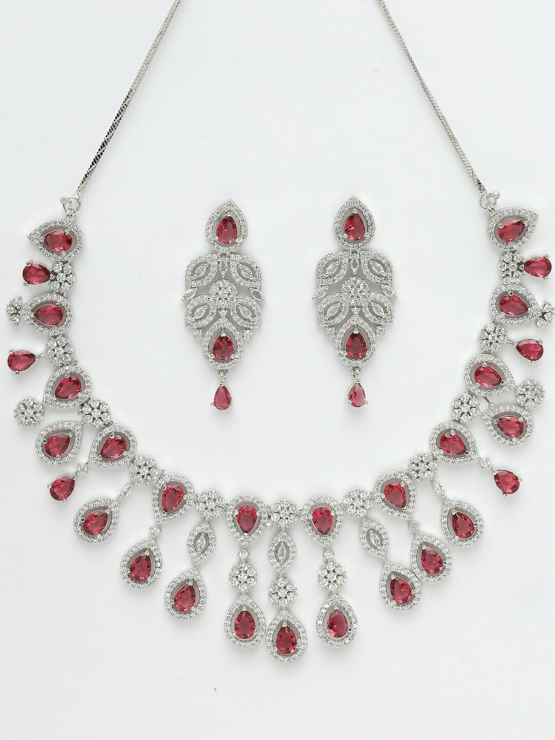 NVR Women's silver plated Maroon CZ stone handcrafted jewellery set