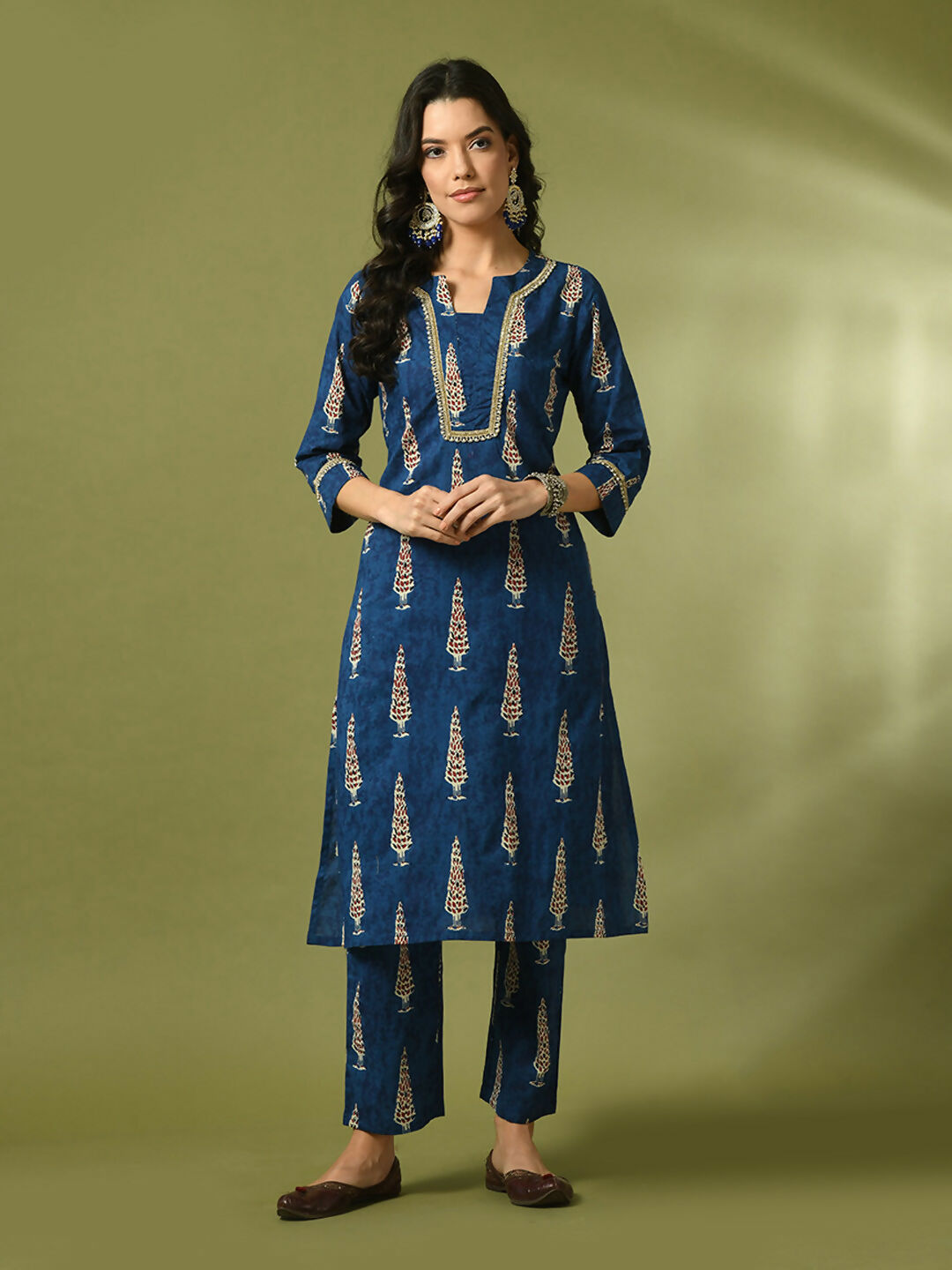 Myshka Women's Blue Printed Cotton Straight Party Kurta Set