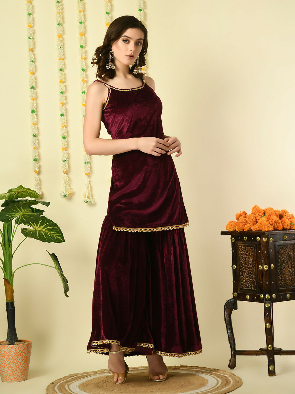 Myshka Women's Magenta Velvet Kurti & Sharara With Dupatta Party Sets