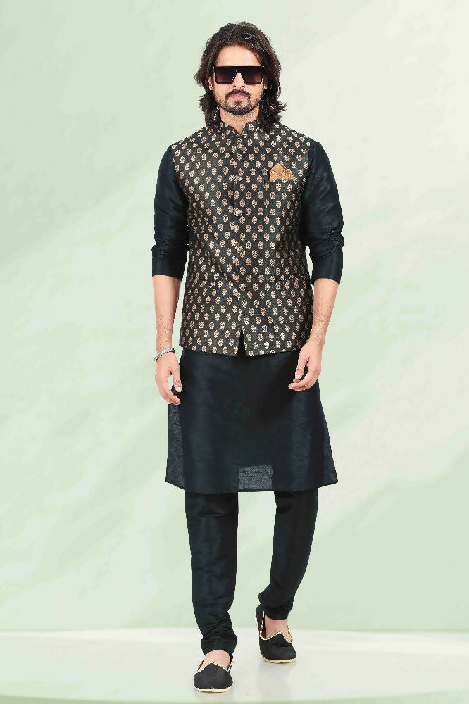 Raivat Ethnic Jacquard Banarasi Silk Woven Work 3 Pics Jacket Set In Black Colour - Distacart