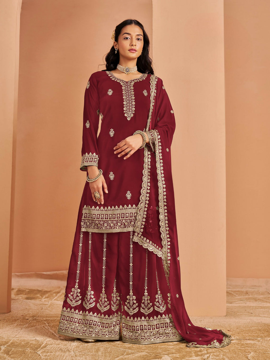 Anaita Maroon Premium Georgette Embroidered Stitched Salwar Suit - Distacart