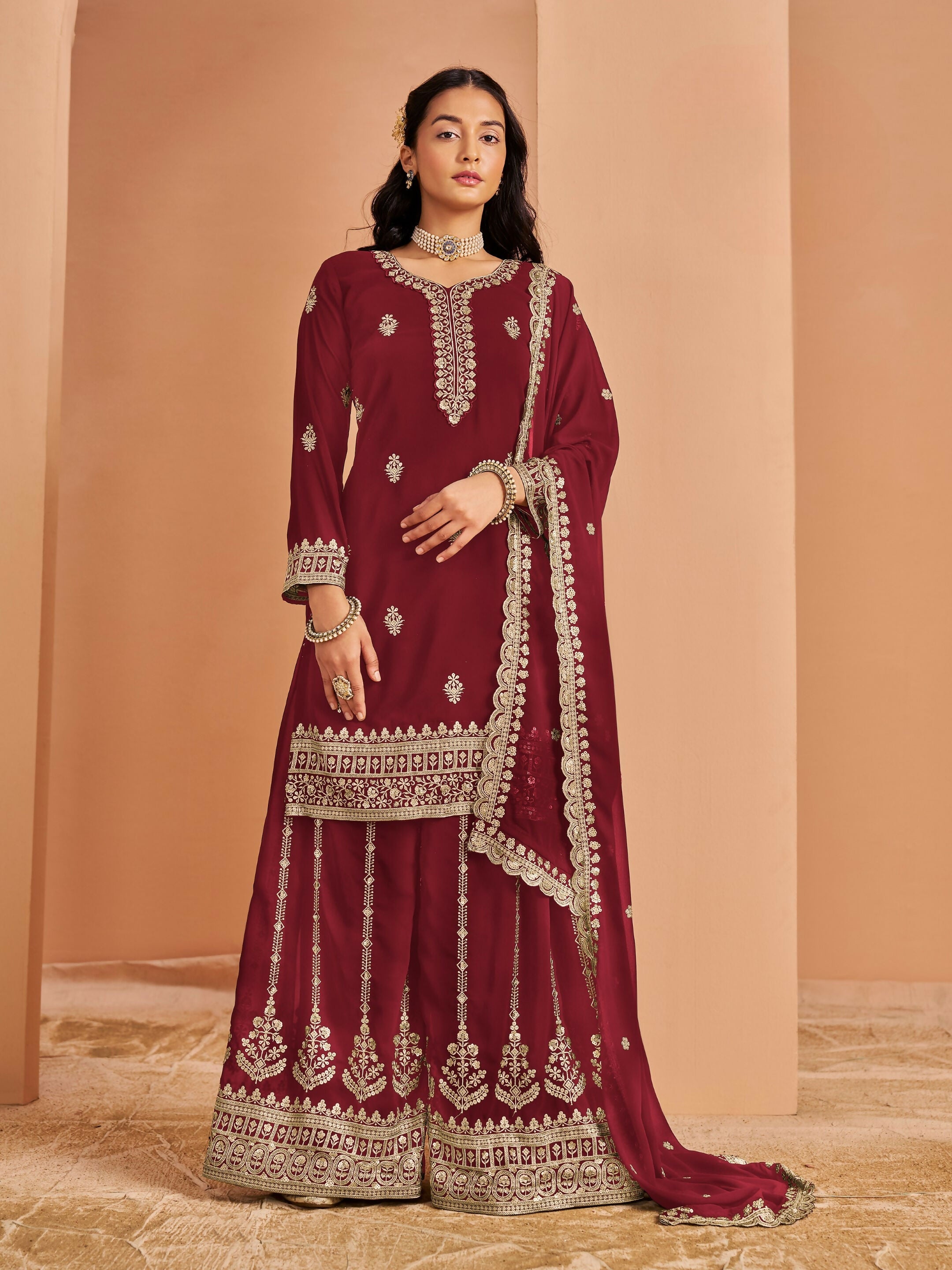 Anaita Maroon Premium Georgette Embroidered Stitched Salwar Suit - Distacart