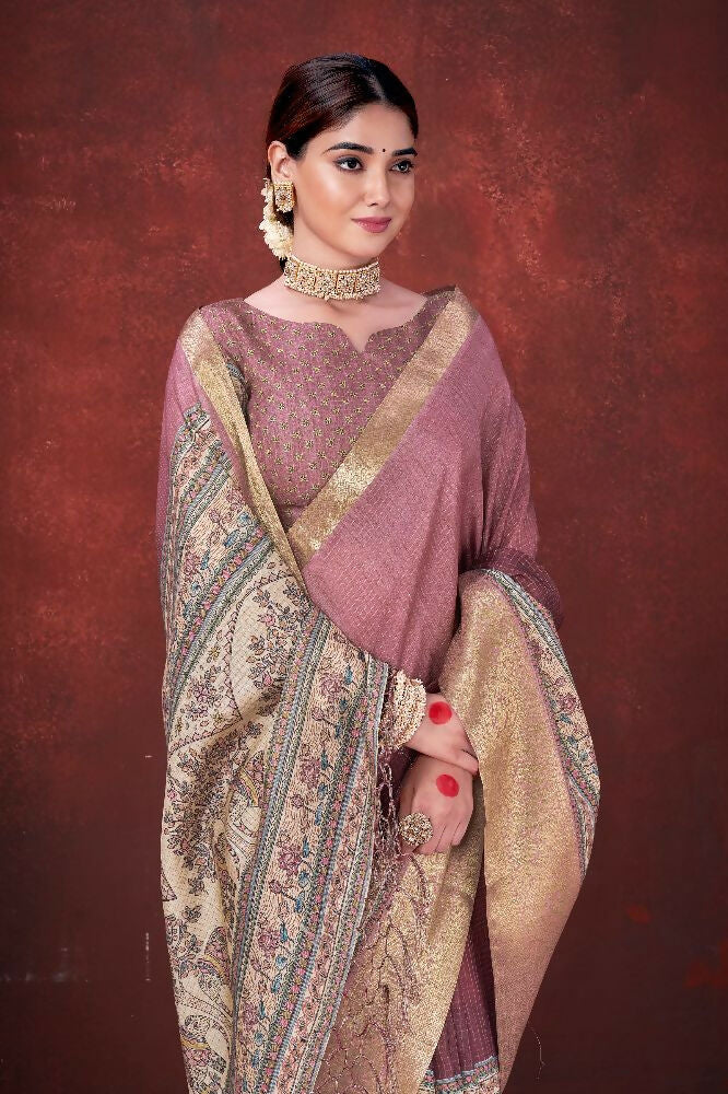 Pink Poly Habotai Silk Foil Print Saree with Unstitched Blouse - Kathari