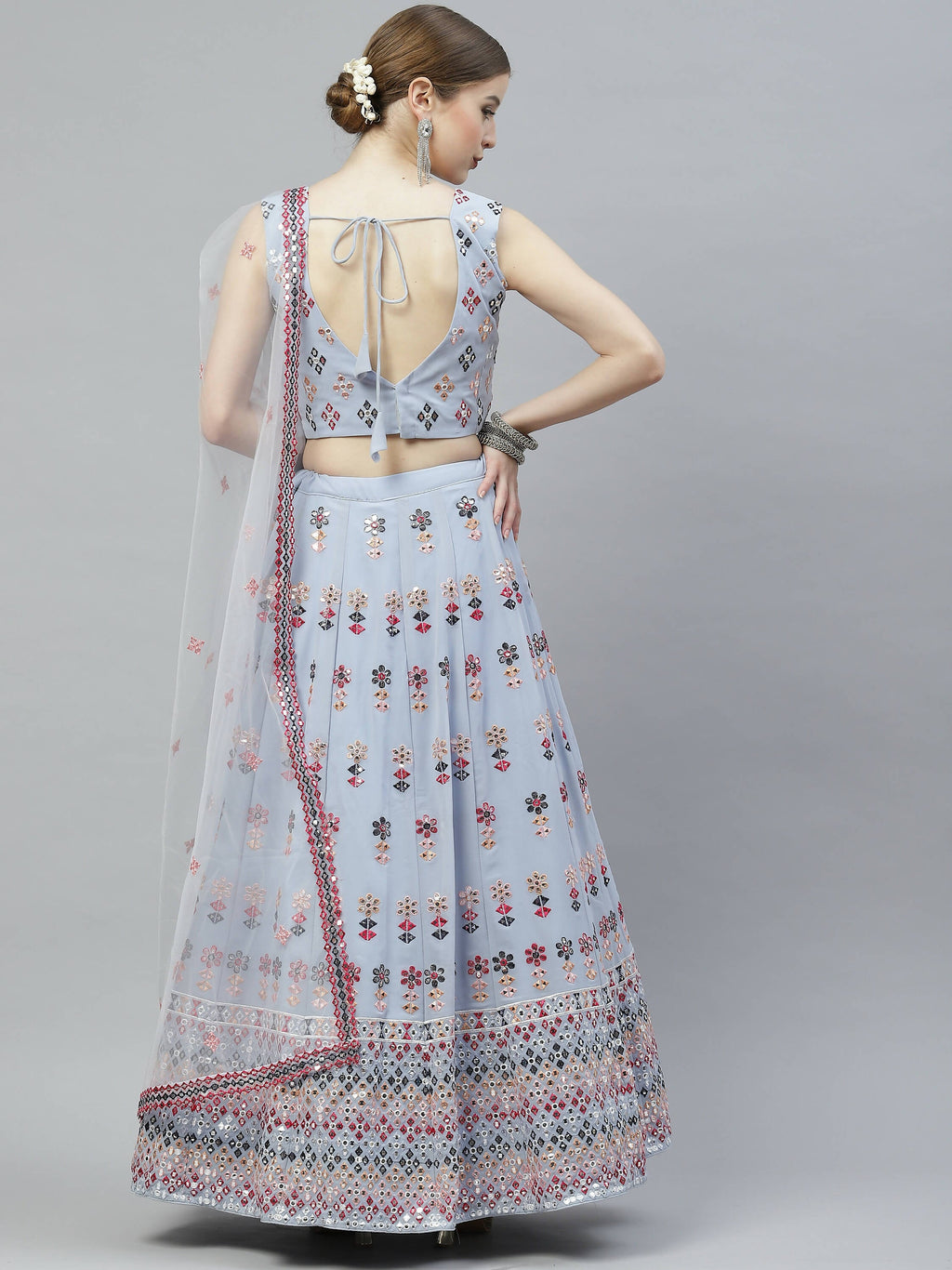 Sky Blue Georgette Heavy Embroidery mirror Work Lehenga Choli with Dupatta - Jivika
