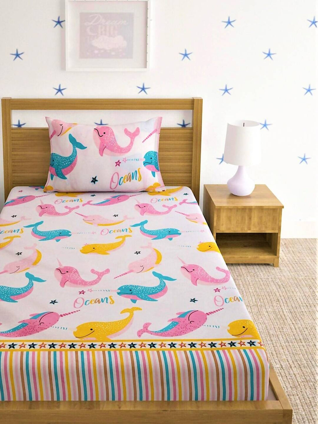 Home Sizzler Pink & Blue Cartoon 210 TC Cotton Bedsheet with Pillow Covers