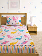 Home Sizzler Pink & Blue Cartoon 210 TC Cotton Bedsheet with Pillow Covers