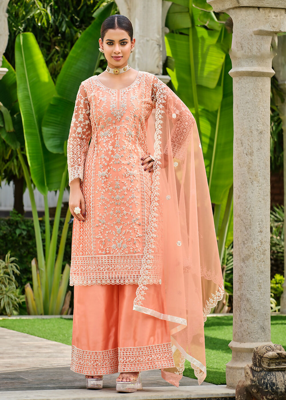 Pretty Peach Stone & Cording Work Festive Palazzo Suit - Emponline