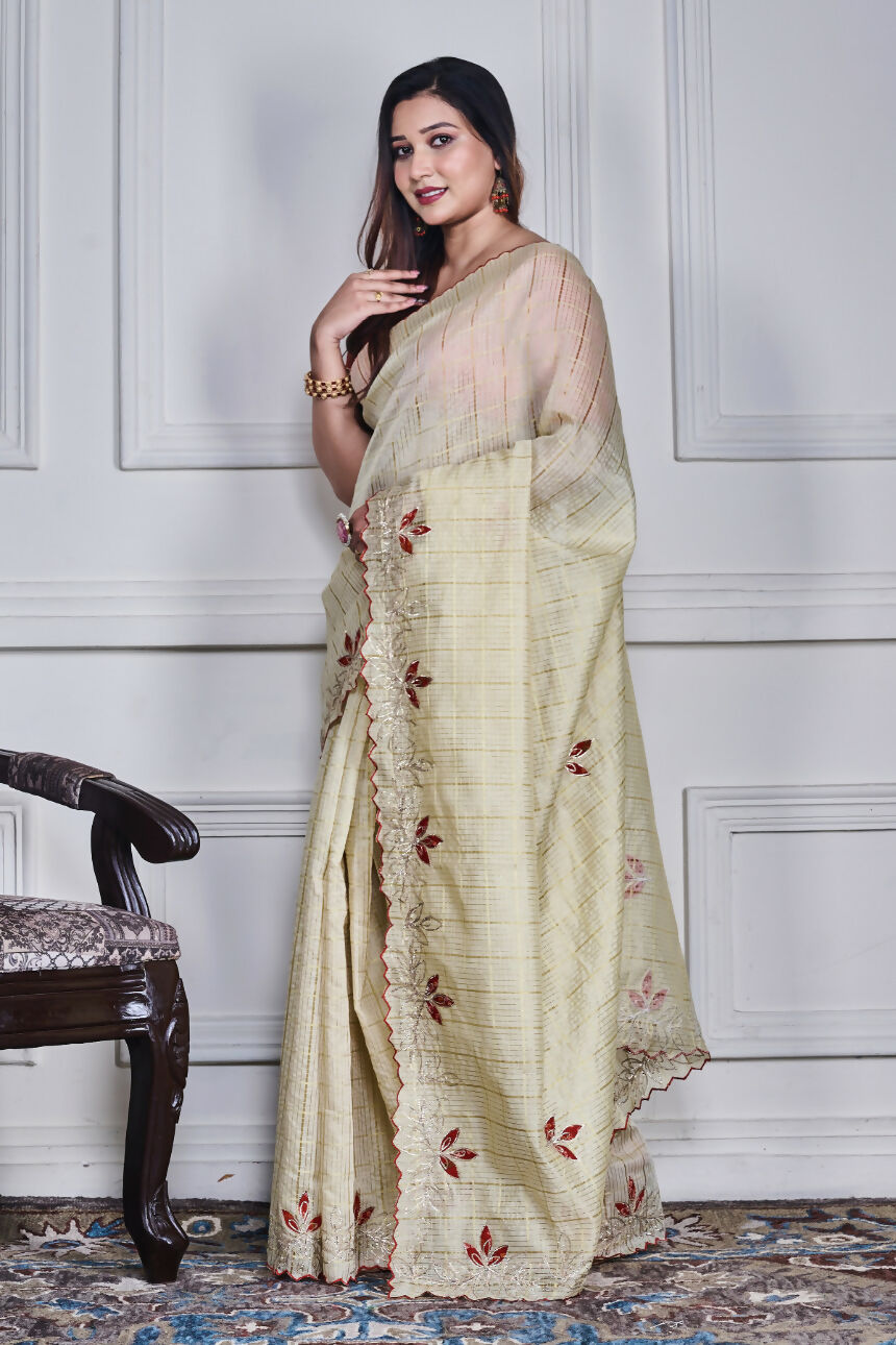 Morchari Beige Kota Check Zari Embroidery Saree Unstitched Blouse - Distacart