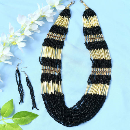 Mominos Fashion Johar Kamal Handicraft Finish Beads Work Long Necklace For Women (Black /Golden)