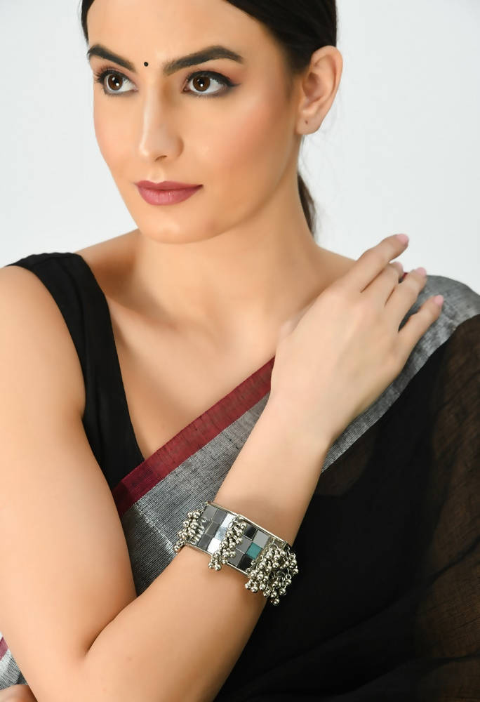 Mominos Fashion Kamal Johar Mirror Oxidised Silver Bangles Set