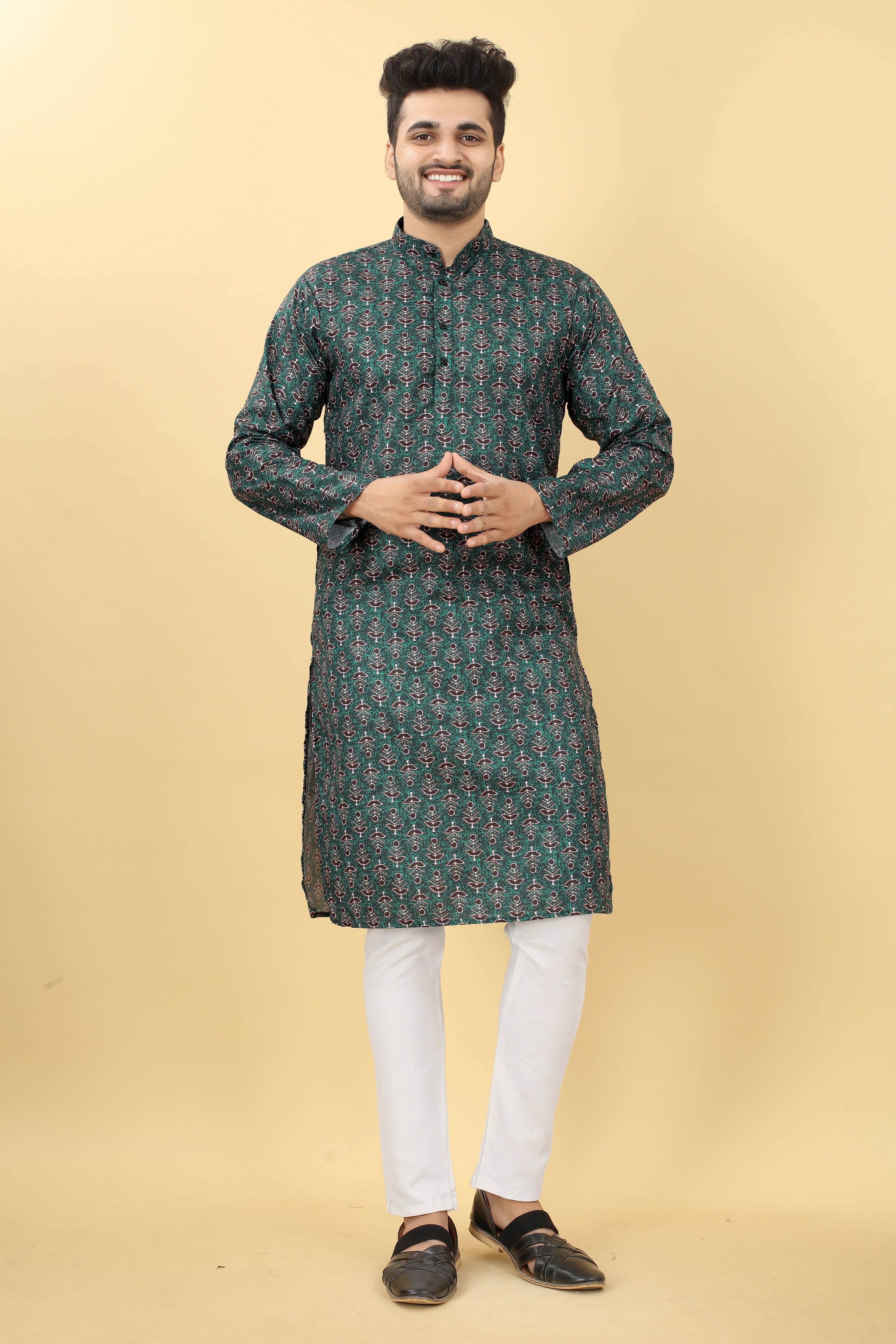 Teal Cotton Printed Men's Kurta - Mahotsav