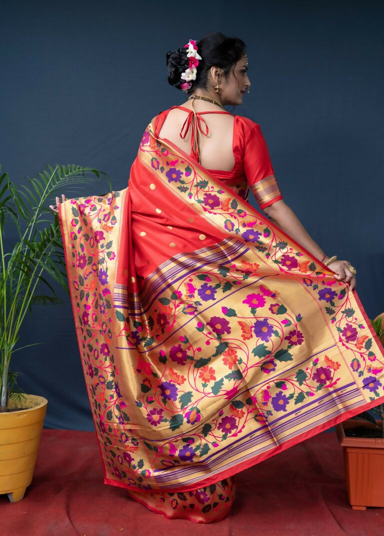 Jyoti Fashion Women's Red Paithani Silk Zari Woven Saree with Blouse