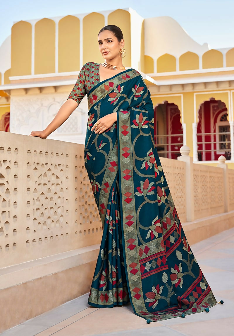 Monjolika Fashion Silk Blend Teal Printed Saree - Distacart