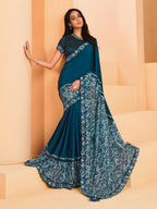 Teal Satin Crepe Silk Sequence Embroidered Saree With Unstitched Blouse - Mohmanthan Yavanika