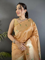 Joban Fashion Gold Yellow Peacock & Floral Motifs Tissue Paithani Saree - Distacart