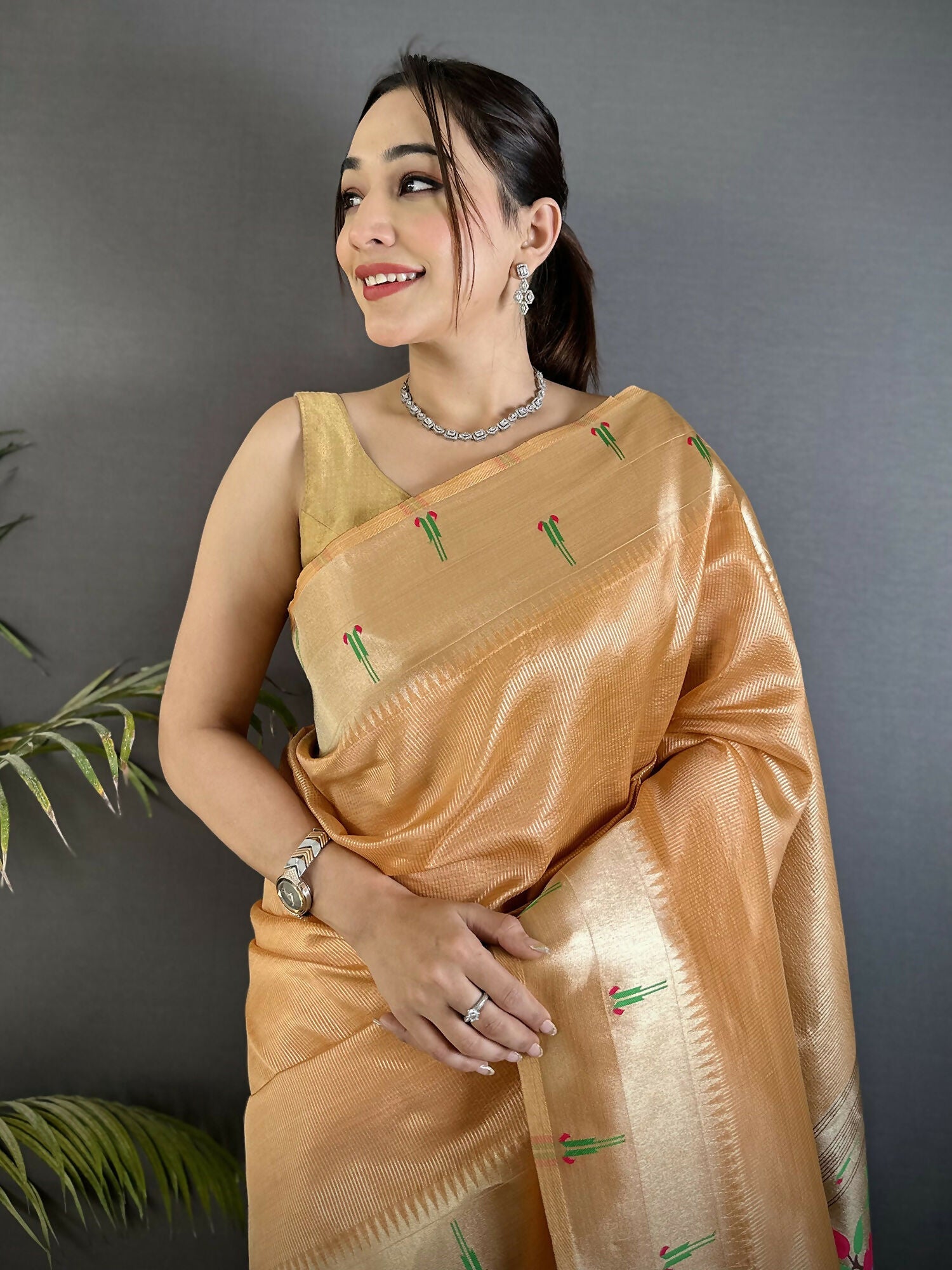 Joban Fashion Gold Yellow Peacock & Floral Motifs Tissue Paithani Saree - Distacart