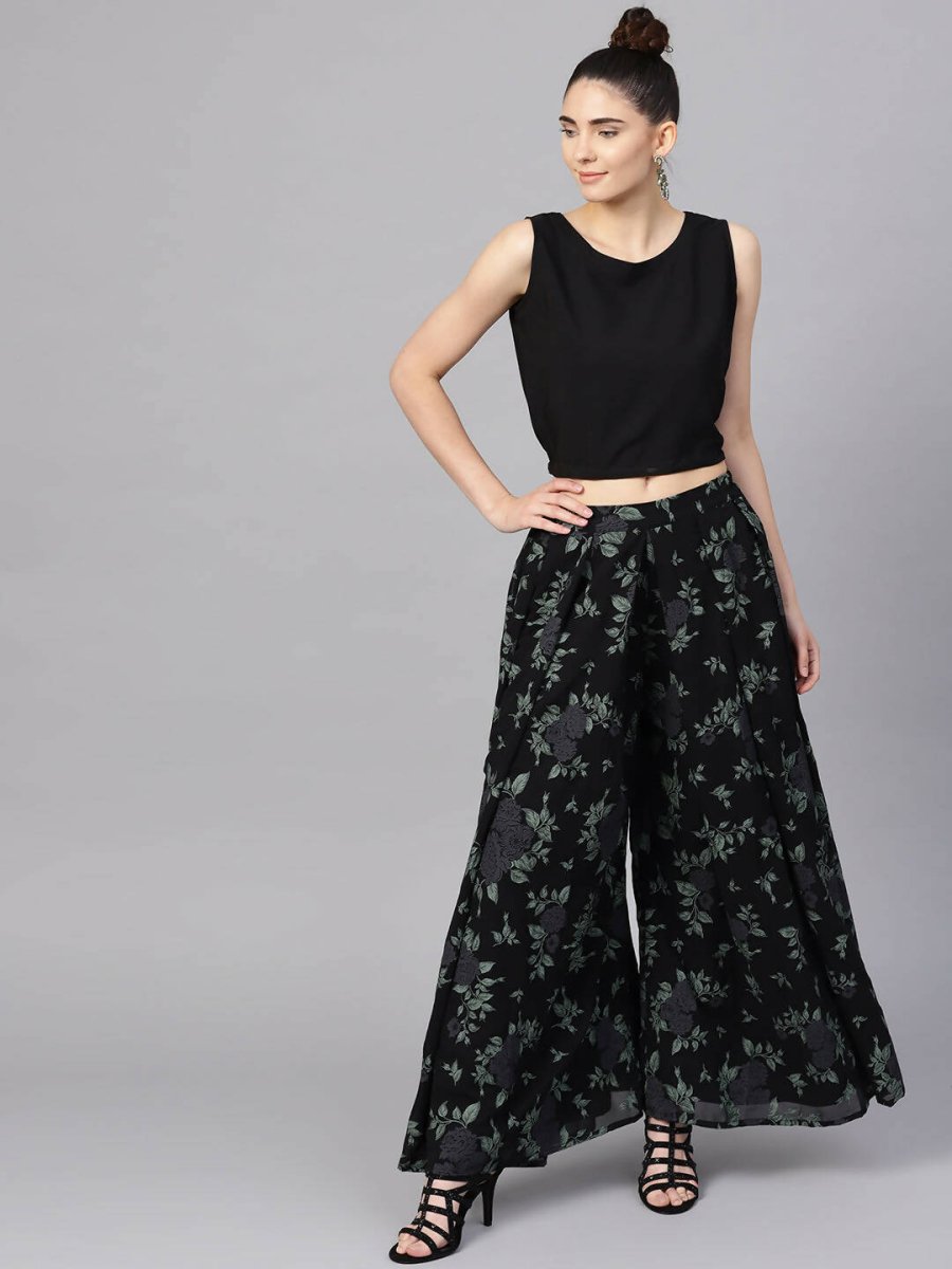 Ahalyaa Black Georgette Crepe Printed Top Palazzo Set With Jacket - Distacart