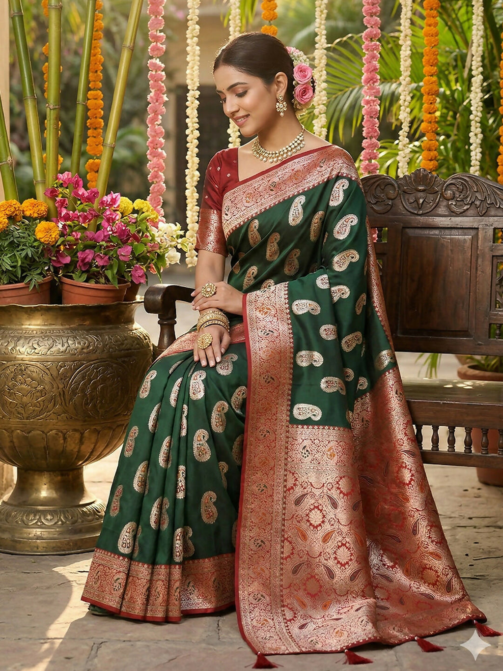 Shree Shyam Fashion Green Silk Blend Saree - Distacart