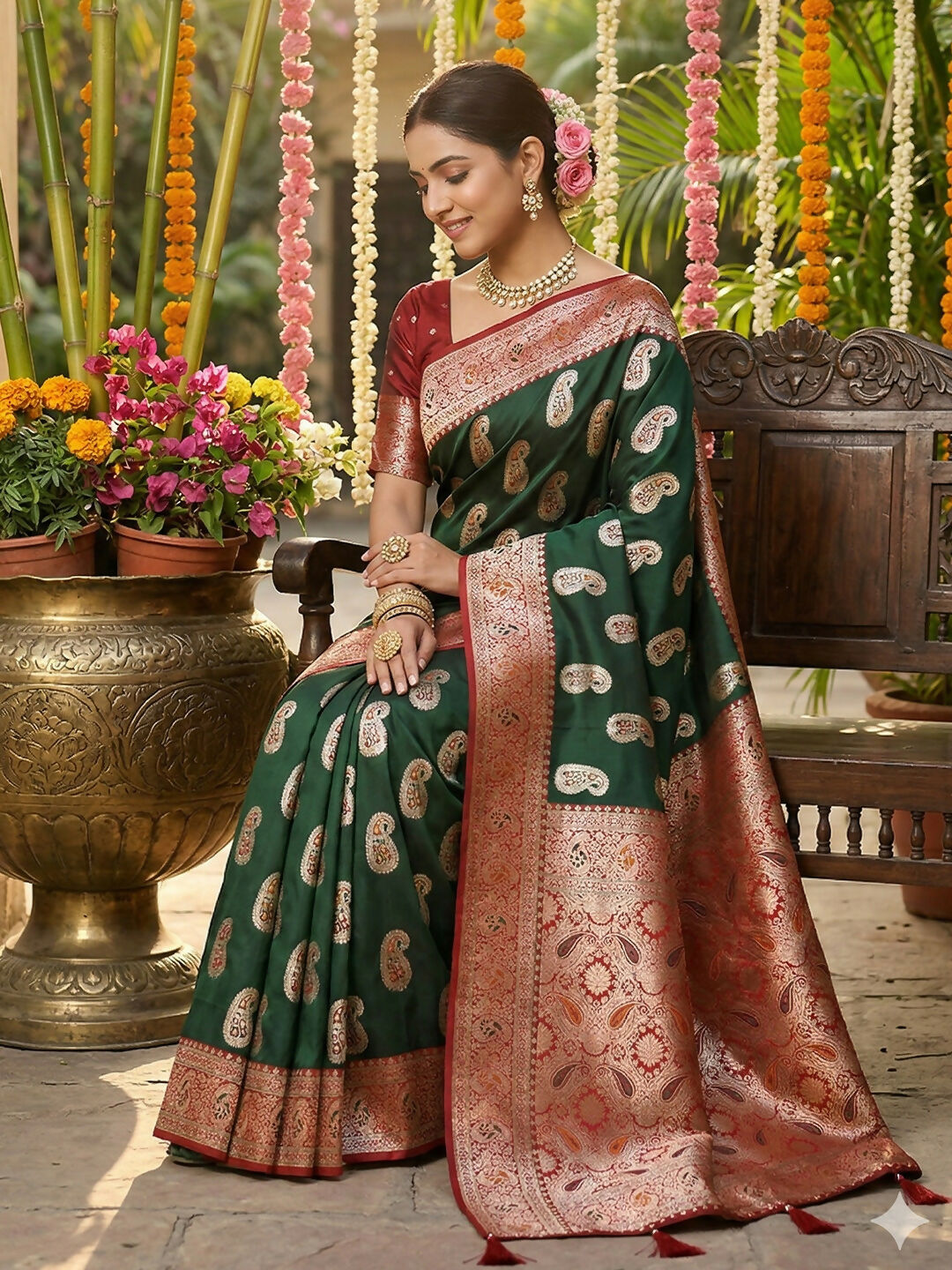 Shree Shyam Fashion Green Silk Blend Saree - Distacart