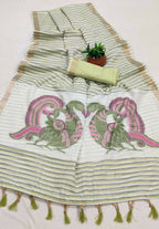 Vastranavya Pista Linen Cotton Meenakari Weaving Pallu Saree with Contrast Blouse - Distacart