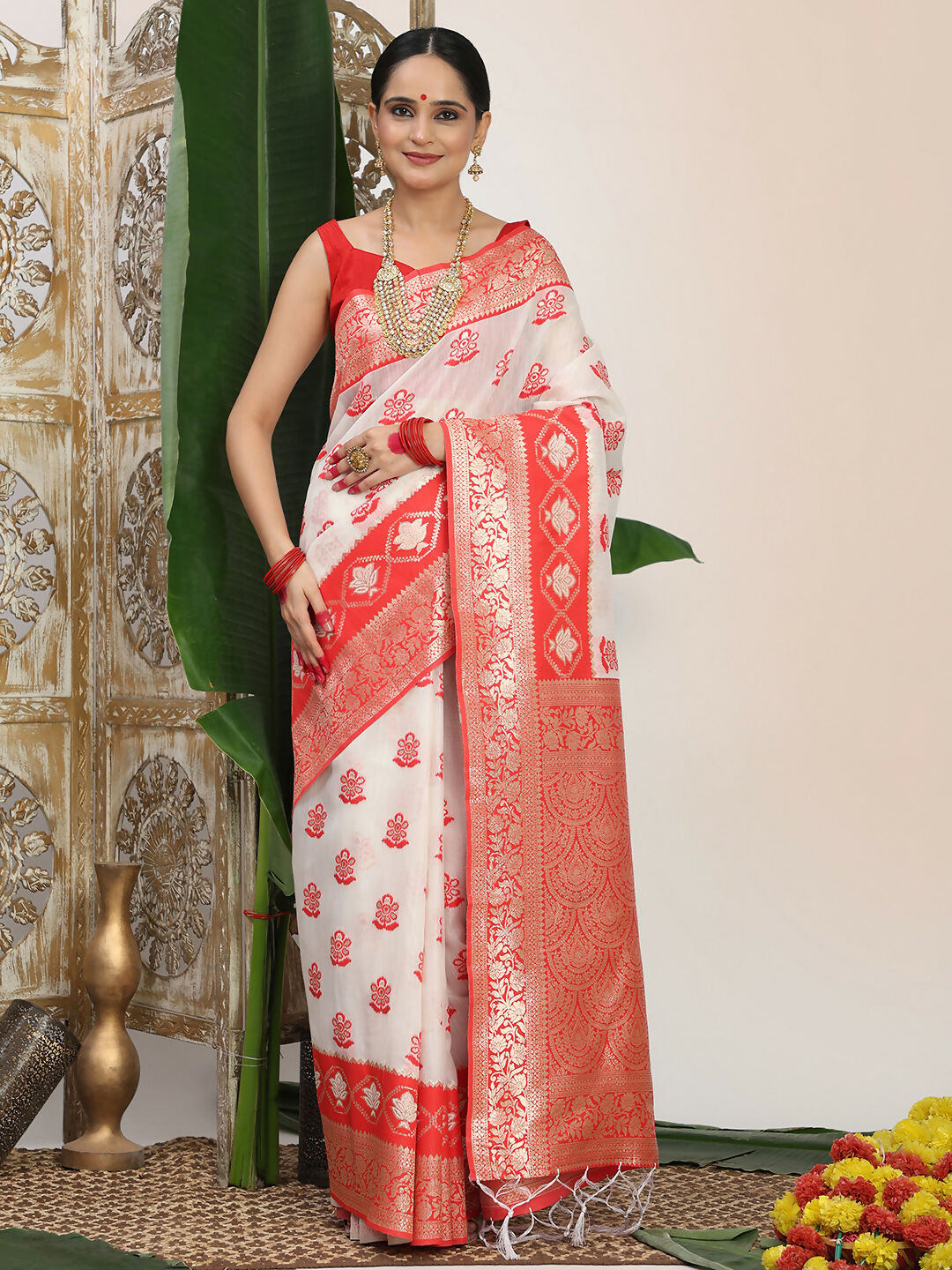 Shree Shyam Fashion Linen Cotton Red & White Saree - Distacart