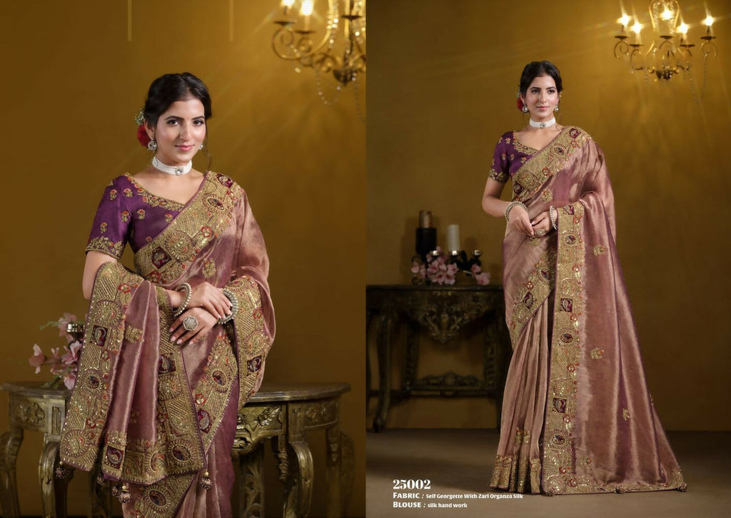 Wine Pure Georgette Pure Khatli work Designer Saree With Blouse. - Rajasvi