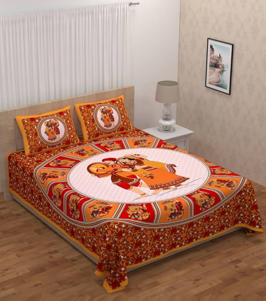 Vamika Printed Cotton Dafli Orange Bedsheet With Pillow Covers (PM Dafli Orange)