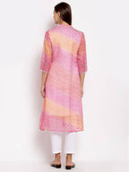 Myshka Women's Pink Cotton Printed 3/4 Sleeve Round Neck Casual Kurta