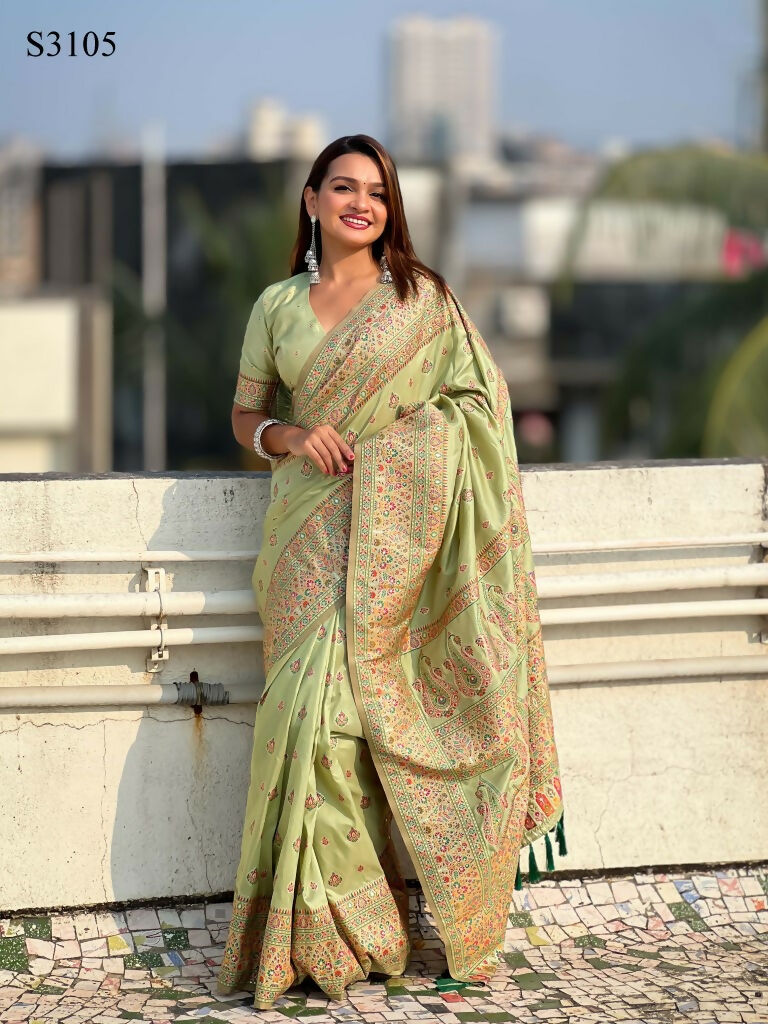 Pista Pashmina Silk Wevon Kashmiri Meenakari Designer Saree with Unstitched Blouse - Vandini