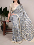 Vastranavya Blue Tussar Silk Printed Saree with Unstitched Blouse - Distacart