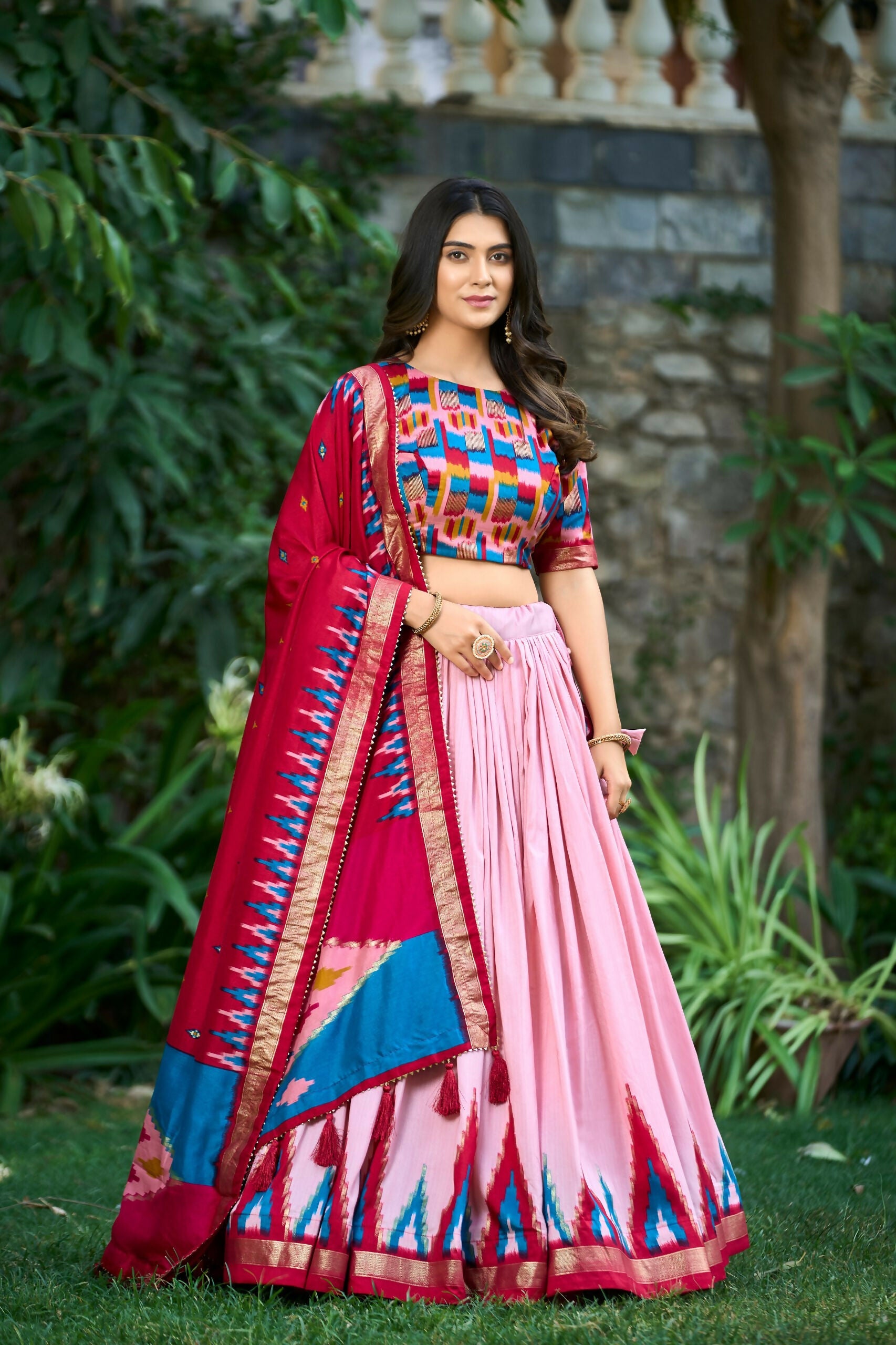Vastranavya Luxurious Tussar Silk Print With Foil Work Lehenga Choli - Peach