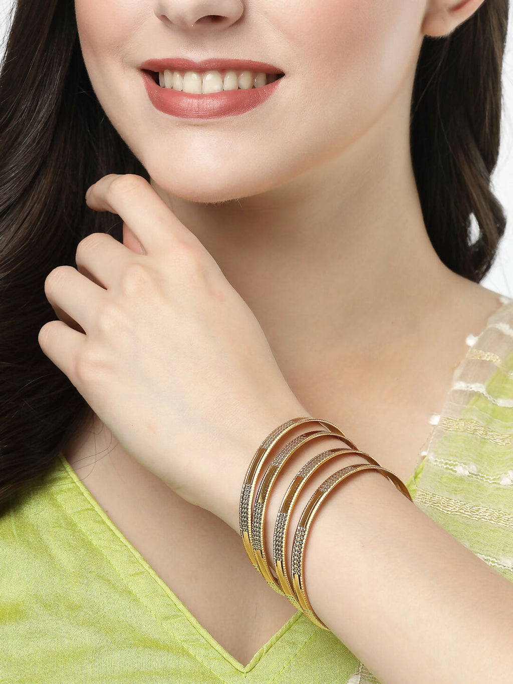 NVR Women's Set of 4 Gold-Plated CZ-Studded Traditional Bangles - Distacart