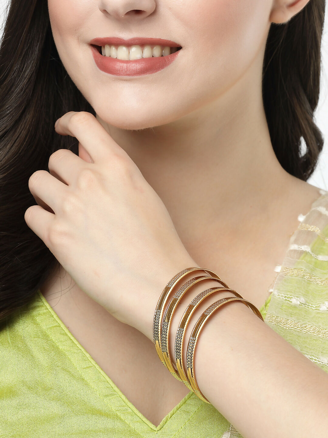 NVR Women's Set of 4 Gold-Plated CZ-Studded Traditional Bangles - Distacart